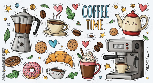 Whimsical Coffee Time Doodle Collection with Hand-Drawn Elements