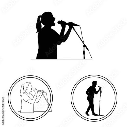 Singer silhouette microphone performance artistic sketches people performing music talent stage isolated on white background