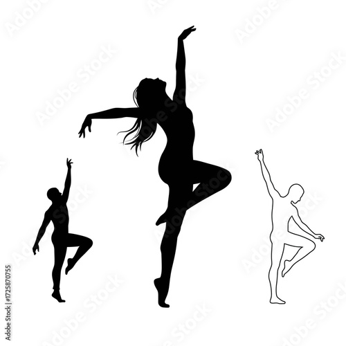 Dynamic silhouettes of elegant dancers in graceful ballet poses performing expressive movements isolated on white background