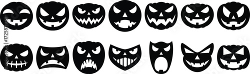 Collection of black silhouette Halloween pumpkin faces with various spooky and mischievous expressions, ideal for festive designs.