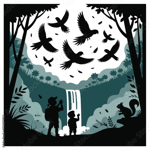 Children silhouetted observing majestic eagles soaring above a waterfall in a lush forest landscape at dusk