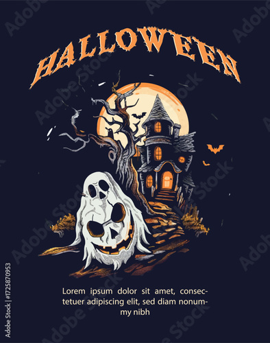 Eerie halloween illustration of haunted house, ghost, and full moon at night