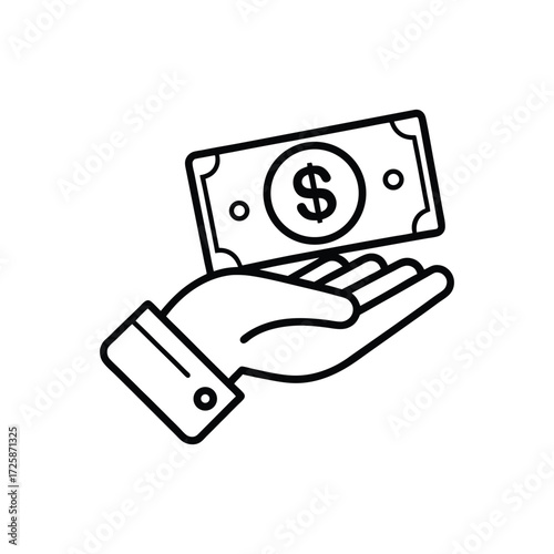 Outline vector icon depicting a hand giving a dollar bill.