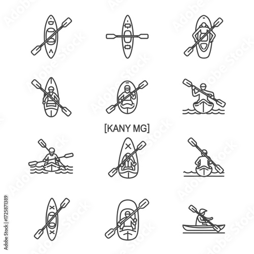 Collection of kayaks and paddles various views and actions for water sports and outdoor activities isolated on white background
