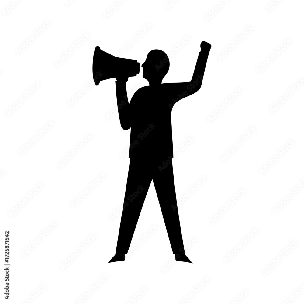 Fototapeta premium Silhouette of a person speaking into a megaphone and raising their fist