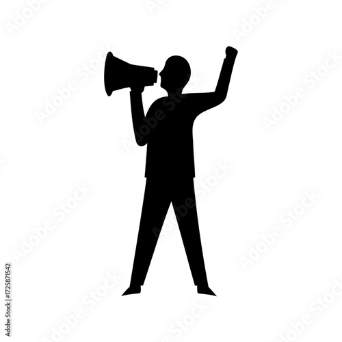 Silhouette of a person speaking into a megaphone and raising their fist