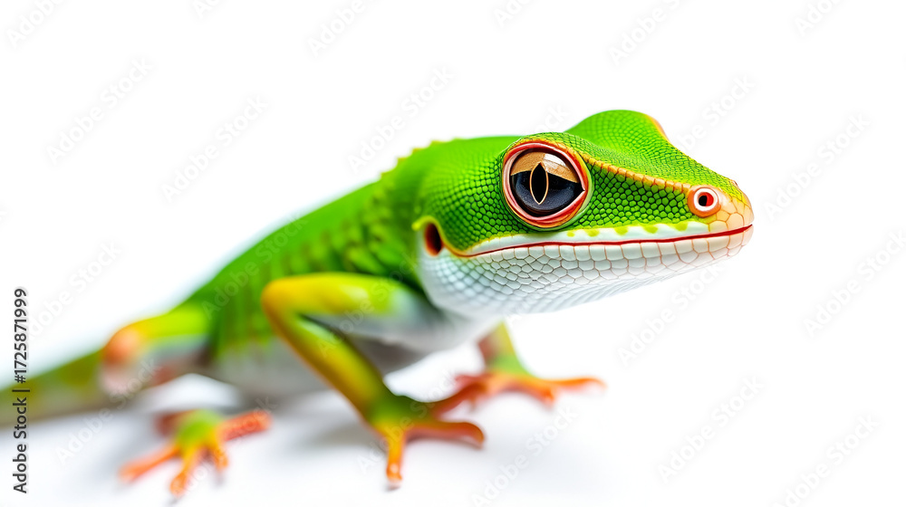 Fototapeta premium vibrant green anole lizard showcases its bright pink dewlap perched gracefully against a pristine white background under high key lighting revealing its intricate details.