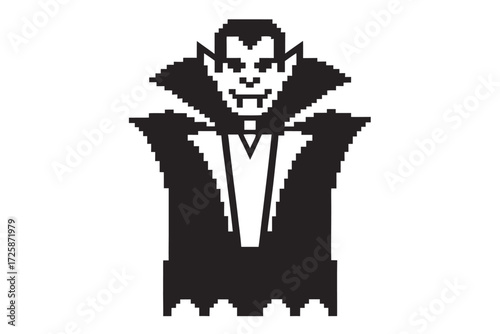 Pixelated count smiles eerily with large collar and cloak displaying retro video game aesthetic