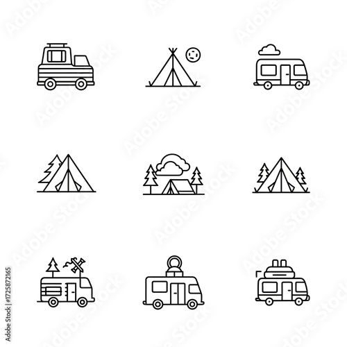 Collection of hand-drawn camping icons featuring tents and rvs for outdoor adventures isolated on white background