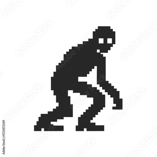 Pixelated creature crouches with glowing eyes on white background using retro eight bit style