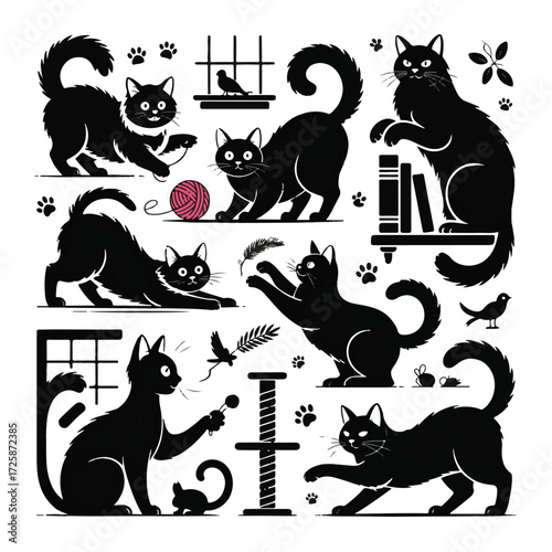 Collection of playful black cat silhouettes engaged in various activities like stretching playing with yarn and climbing a scratching post