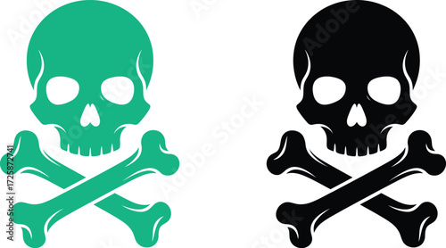 Two skull and crossbones symbols, one in teal and one in black, isolated on a white background.
