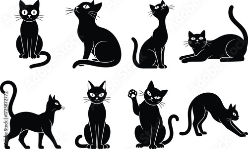 A collection of eight stylized black cat illustrations in various poses, showcasing different feline behaviors and expressions.