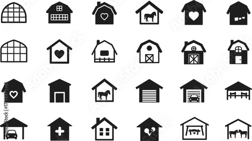 black and white building icons, farm structures, cartoon shelters, vector houses, veterinary barn, animal enclosure, stock image, design
