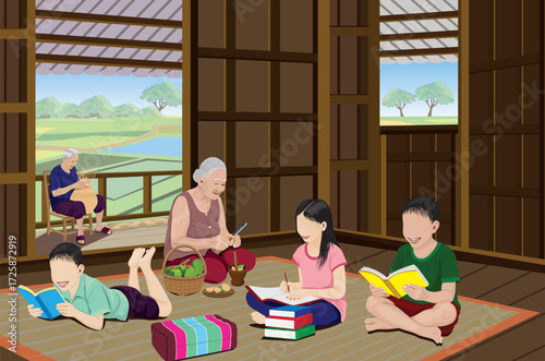 Two boys and a girl are doing their homework and reading books at home.vector design
