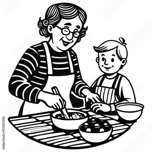 Print Grandmother and grandson cooking together vector