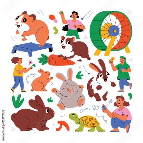 Cute cartoon collection of various small pets like hamsters rabbits guinea pigs and turtles with children playing and interacting happily