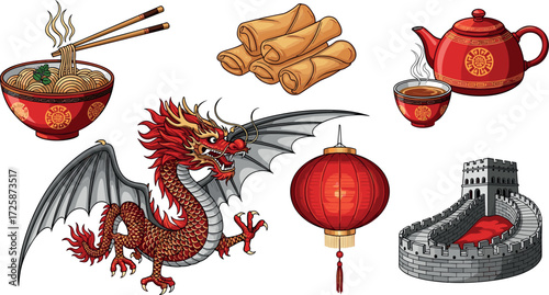 Cartoon illustration of chinese culture symbols on transparent background