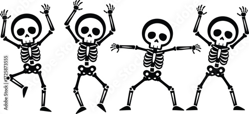 Set of four black and white cartoon skeletons in various joyful dance poses on a white background.