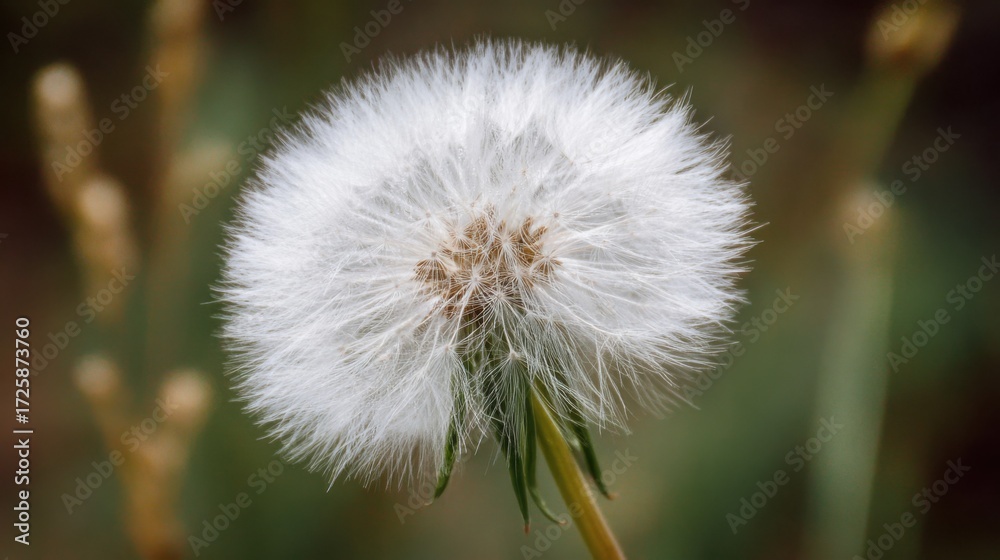 Obraz premium A delicate dandelion seed head blooms in a lush green field during a sunny spring afternoon. Its fluffy seeds are ready to disperse in the gentle breeze.
