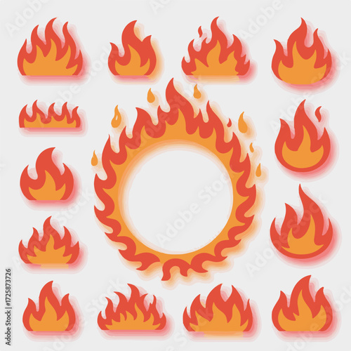 Collection of stylized red and orange flames with layered effect fire heat