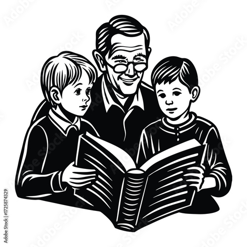 Print Grandfather reading a book to his two grandsons