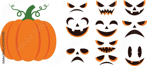 Halloween pumpkin carving set with a whole pumpkin and various spooky and funny face stencils.