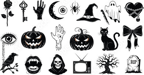 A collection of spooky and gothic-themed illustrations, featuring Halloween icons like pumpkins, ghosts, and black cats, alongside other dark imagery such as roses, keys, and skulls.