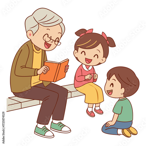 Print Cute cartoon of a grandfather reading to kids

