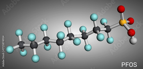 PFOS molecule. Perfluorooctanesulfonic acid and perfluorooctane sulfonate, PFAS pollutant and persistent organic contaminant. Molecular model. 3D rendering. Illustration