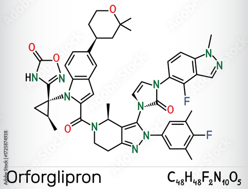 Orforglipron molecule. Oral GLP-1 receptor agonist investigated for type 2 diabetes and obesity treatment. Vector illustration