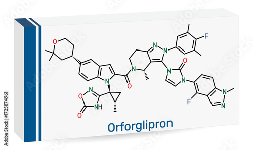 Orforglipron molecule. Oral GLP-1 receptor agonist investigated for type 2 diabetes and obesity treatment. Skeletal chemical formula. Paper packaging for drugs. Vector illustration
