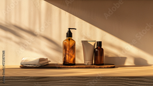 Refillable Skincare Product on a Wooden Shelf Symbolizing Sustainable Beauty