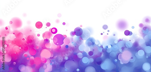 Abstract bokeh background of soft, vibrant, circular shapes in pink, purple, and blue, fading into white