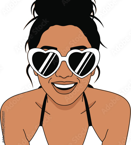Illustration of a smiling woman with dark hair in a bun, wearing heart-shaped sunglasses and a bikini top.