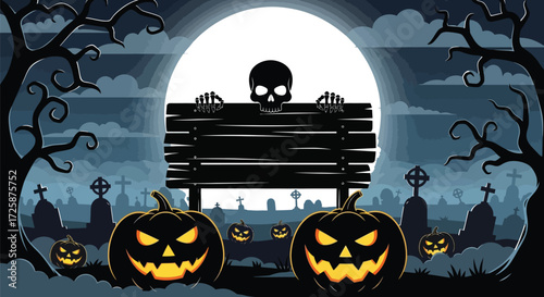 Halloween graveyard scene with a skull behind a blank wooden sign and jack-o'-lanterns.