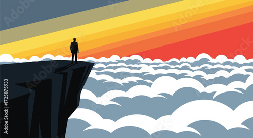 A lone figure stands on the edge of a cliff, gazing out at a vast expanse of clouds illuminated by a vibrant, multi-colored sunset.