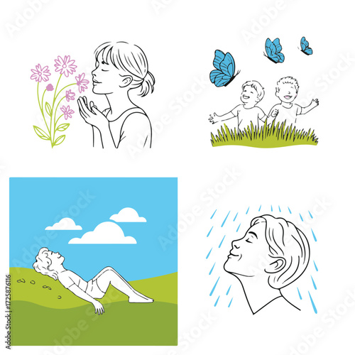 Four delightful line art illustrations depicting childhood joy and nature smelling flowers butterflies relaxing outdoors and enjoying the rain