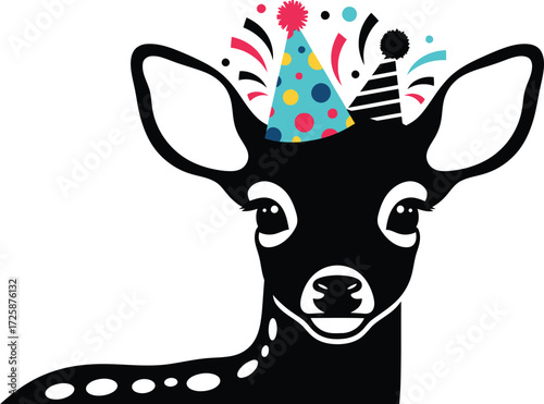 Black silhouette of a baby deer wearing a colorful party hat with confetti.