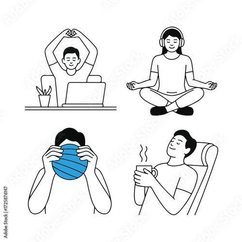 Four panel illustration of self care activities including desk stretches meditation relaxation and enjoying a warm beverage