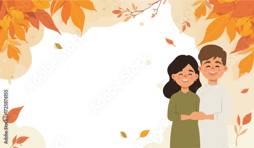 a beautiful couple holding hands, with smiling facial expressions, smooth skin tones on autumn background element with png Transparent 
