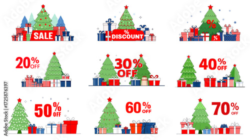 Christmas discount vector set with festive trees and presents on transparent background