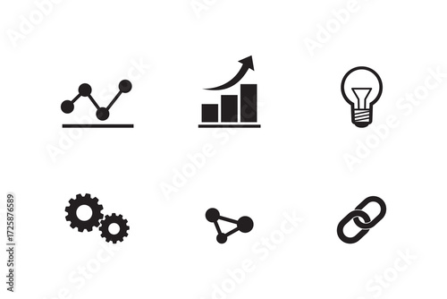 Minimal black business icons including graph, chart, gear, light bulb, and link for finance or technology.