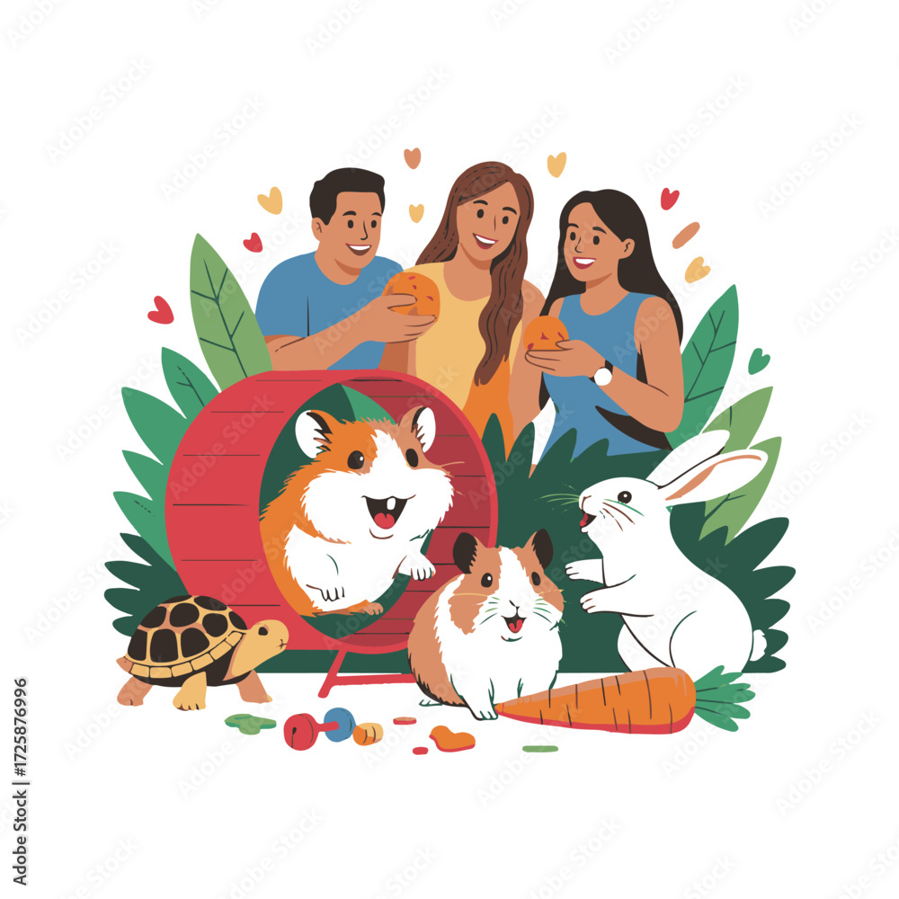Naklejka premium Happy family with diverse small pets including a hamster guinea pig rabbit and turtle enjoying time together outdoors surrounded by greenery