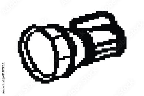 Pixelated ear muffs are displayed in a black and white pixel style format