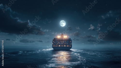 A large cargo ship glides through the moonlit ocean at night, illuminated by its cargo lights.