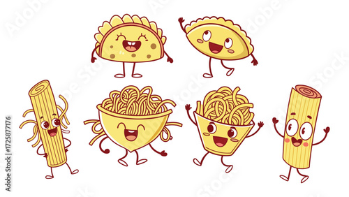 Print Cute food characters set with pasta and dumplings