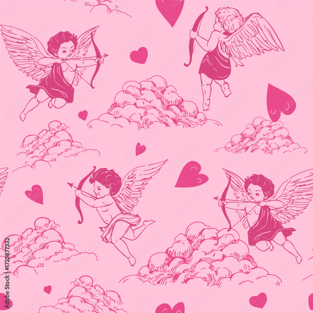 Fototapeta premium Cupid, seamless pattern, angel set, hand drawn sketch, one-color vector illustration