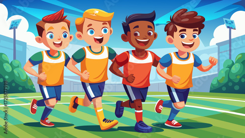 Boys teammates running joyfully across football field, shouting in excitement, bright uniforms, soccer energy, afternoon sunlight, smiling faces, sporty unity, youthful fun, team adventure.