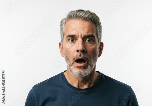 Astonished mature man displaying a shocked reaction on a white background